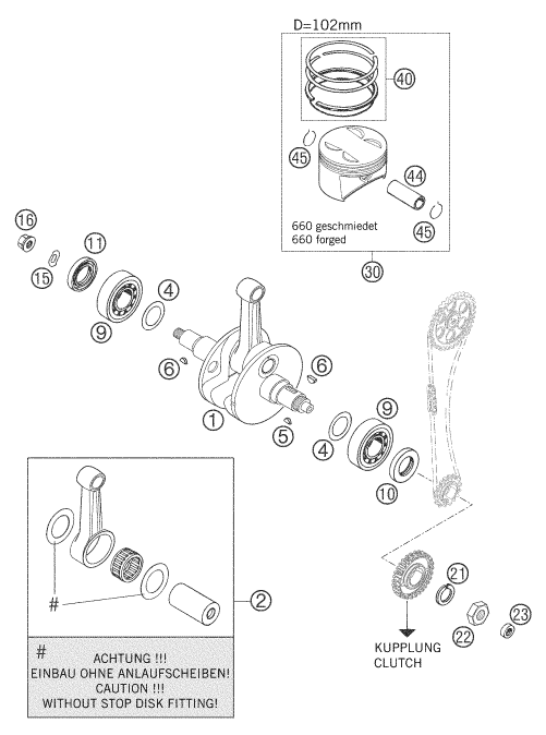vue éclatée vilebrequin, piston - ktm 660 smc eu 2006