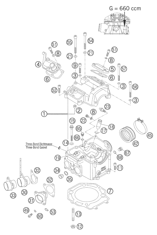 vue éclatée culasse - ktm 660 smc eu 2006