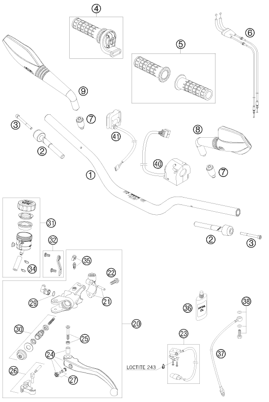 vue éclatée guidon, armatures - ktm 690 duke white eu 2008