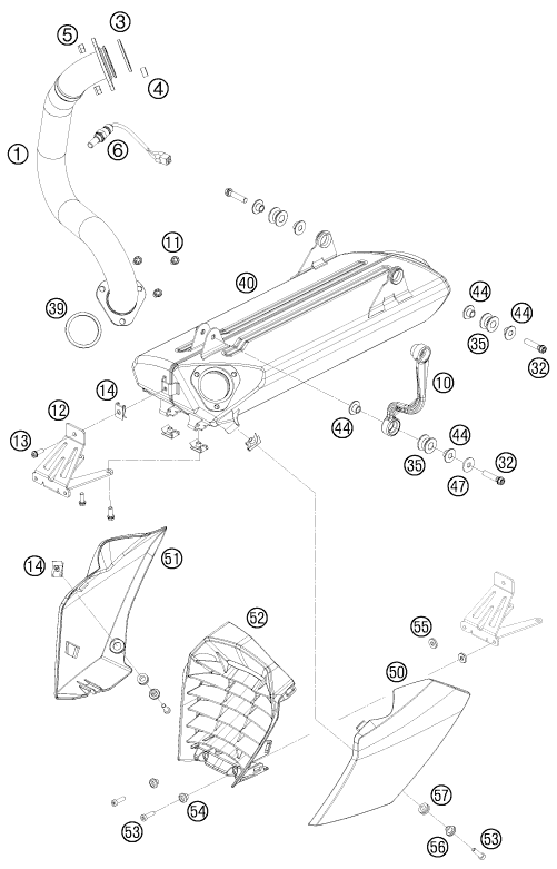 vue éclatée système d'echappement - ktm 690 duke white eu 2008
