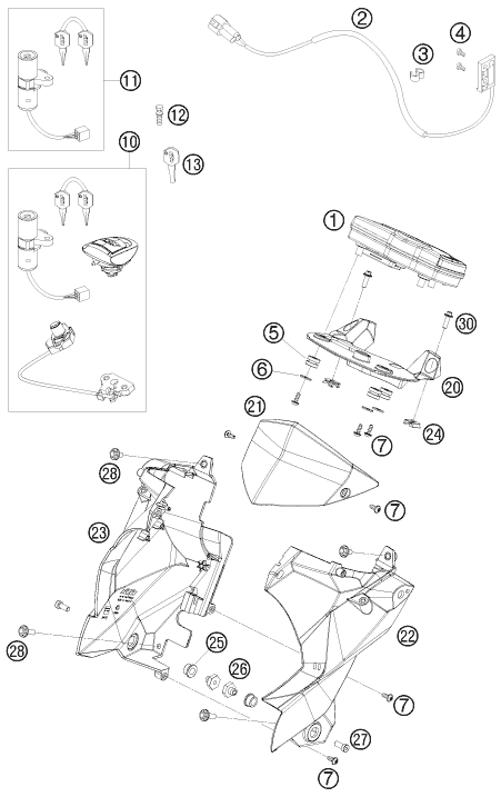 vue éclatée instruments / système de verrouillage - ktm 690 duke white eu 2008