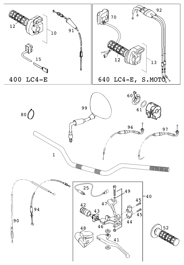 vue éclatée guidon, armatures - ktm 640 lc4-e super-moto eu 2000
