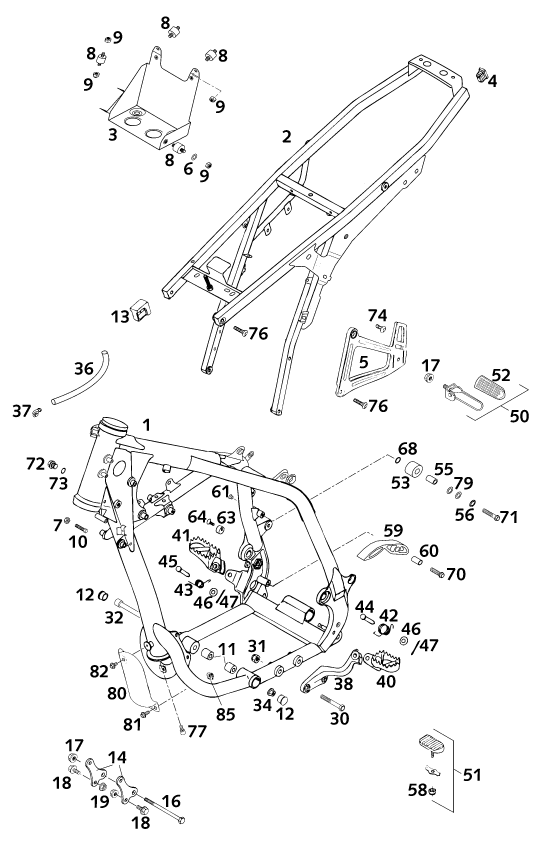 vue éclatée cadre - ktm 640 lc4-e eu 2001