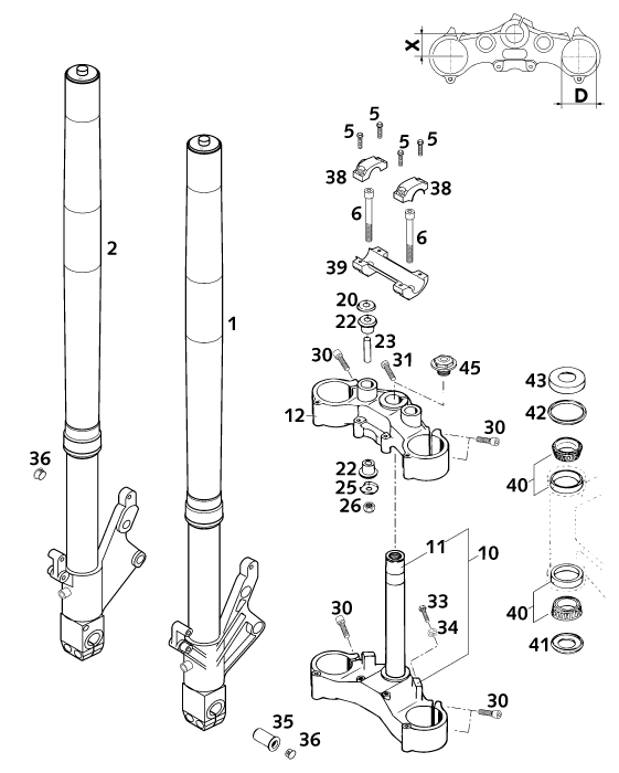 vue éclatée fourche téléscopique, té de fourche - ktm 640 duke ii duke rot eu 2001