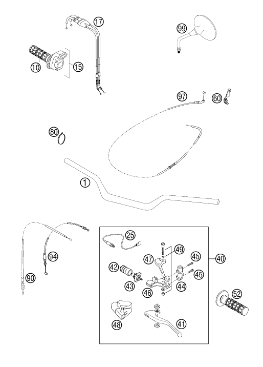 vue éclatée guidon, armatures - ktm 640 lc4-e six days eu 2002