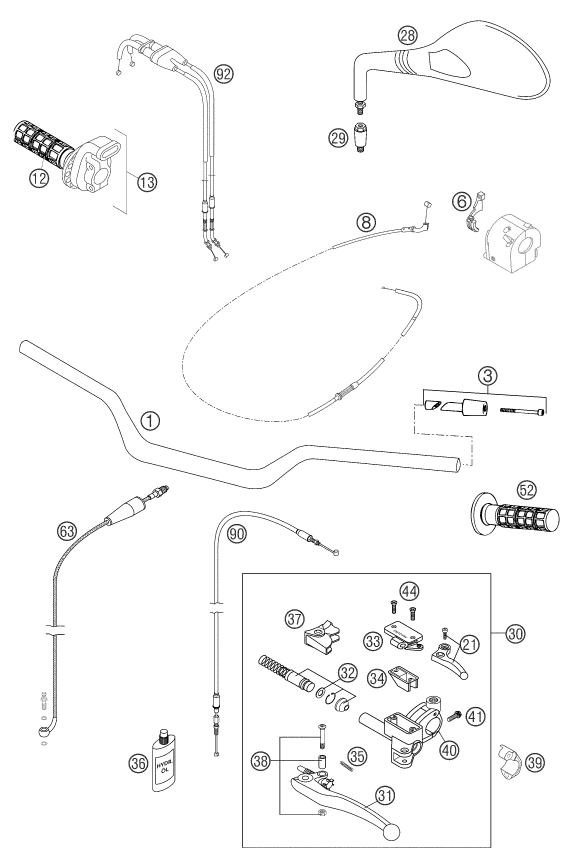 vue éclatée guidon, armatures - ktm 640 duke ii orange eu 2003