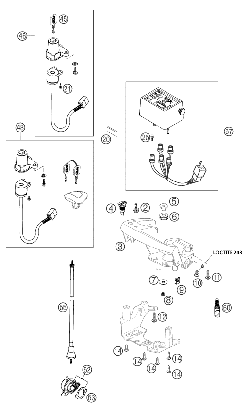 vue éclatée instruments / système de verrouillage - ktm 400 ls-e/ mil 04 eu 2004