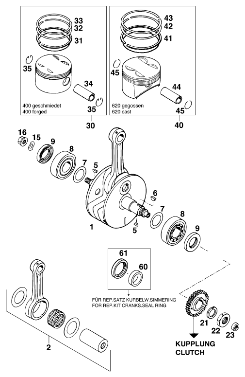 vue éclatée vilebrequin, piston - ktm 620 egs wp 37kw 20lt viol '95 eu 1995