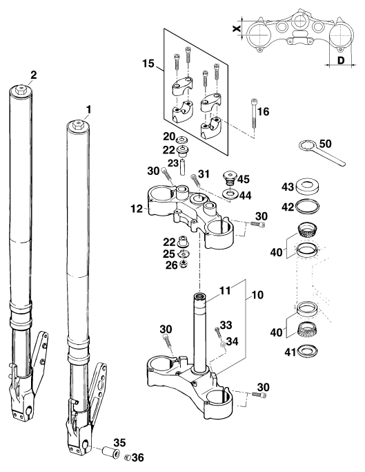 vue éclatée fourche téléscopique, té de fourche - ktm 620 duke 37kw eu 1996