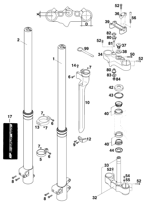 vue éclatée fourche téléscopique, té de fourche - ktm 640 lc4 '98 eu 1998