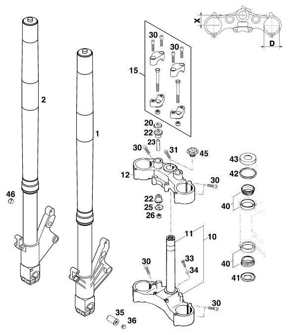 vue éclatée fourche téléscopique, té de fourche - ktm 640 duke ii,lime eu 1999