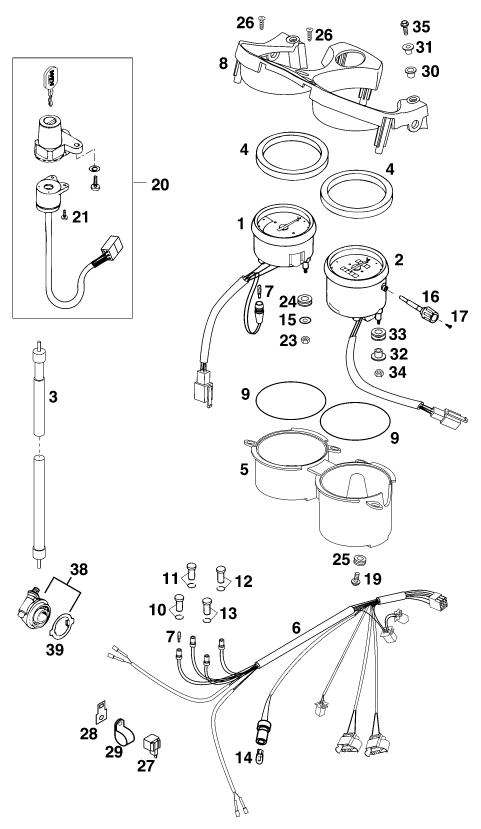 vue éclatée instruments / système de verrouillage - ktm 640 duke ii,lime eu 1999