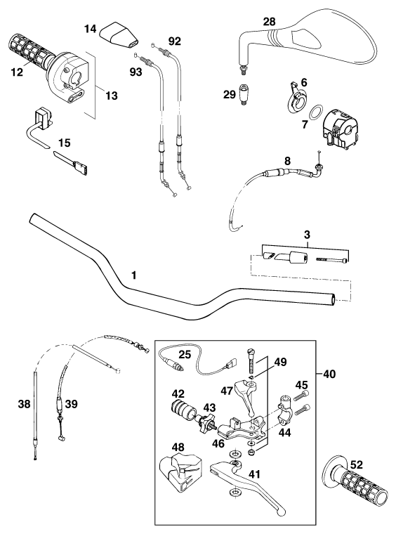 vue éclatée guidon, armatures - ktm 640 duke ii,lime eu 1999