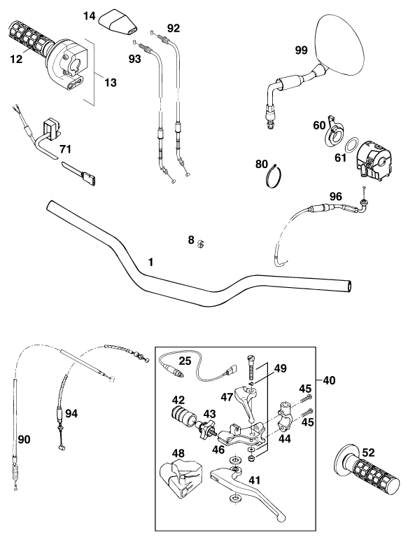 vue éclatée guidon, armatures - ktm 640 adventure-r eu 1999