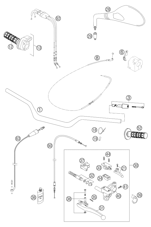 vue éclatée guidon, armatures - ktm 640 duke ii yellow eu 2004