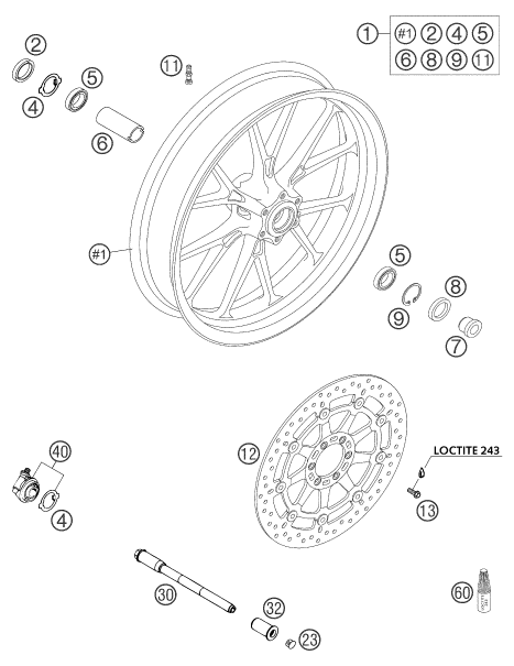 vue éclatée roue avant - ktm 640 duke ii yellow eu 2004