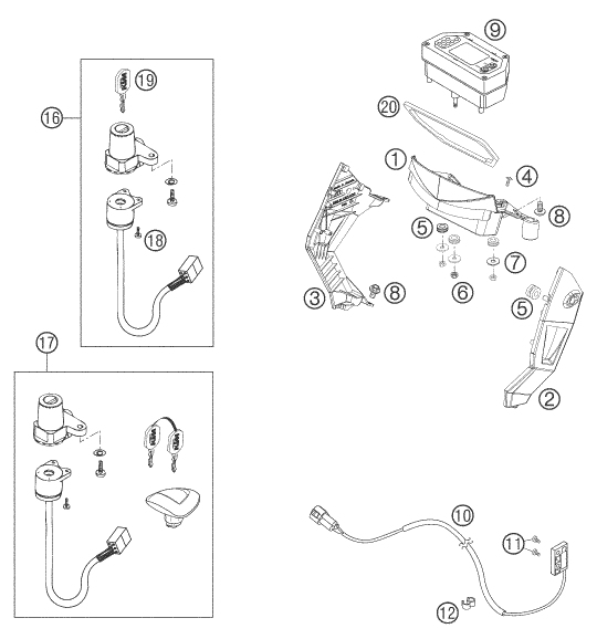 vue éclatée instruments / système de verrouillage - ktm 640 lc4 supermoto orange 05 eu 2005