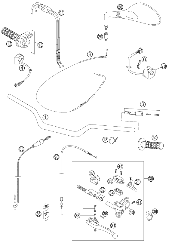 vue éclatée guidon, armatures - ktm 640 duke ii red eu 2005
