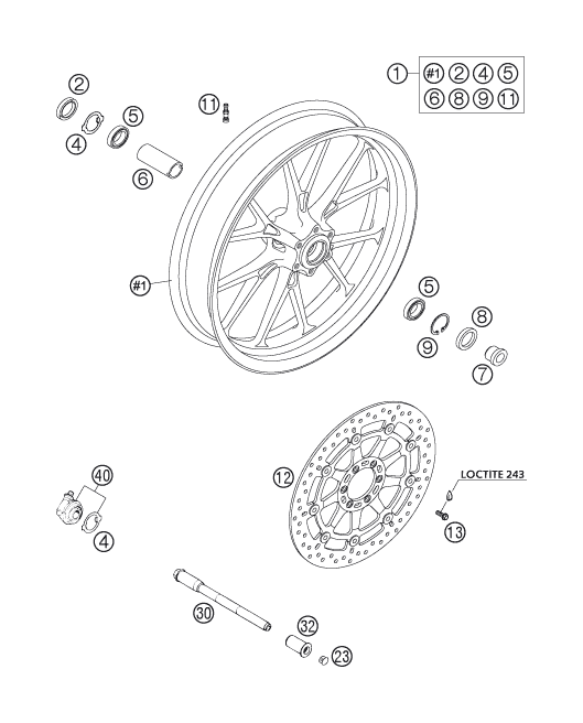 vue éclatée roue avant - ktm 640 duke ii red eu 2005
