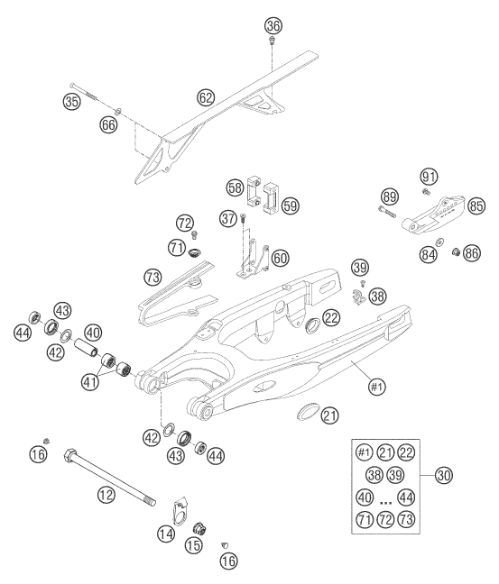 vue éclatée bras oscillant - ktm 640 lc4 supermoto prestige 06 eu 2006