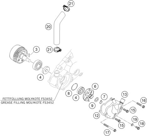 vue éclatée pompe à eau - ktm 450 rallye factory repl. eu 2004