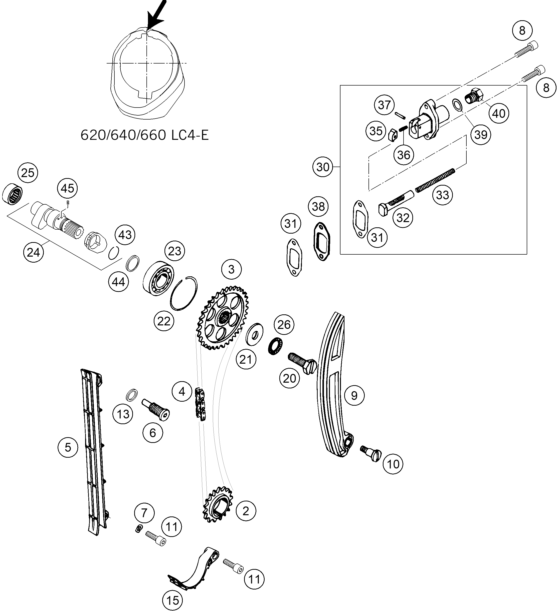 vue éclatée commande de distribution - ktm 450 rallye factory repl. eu 2004