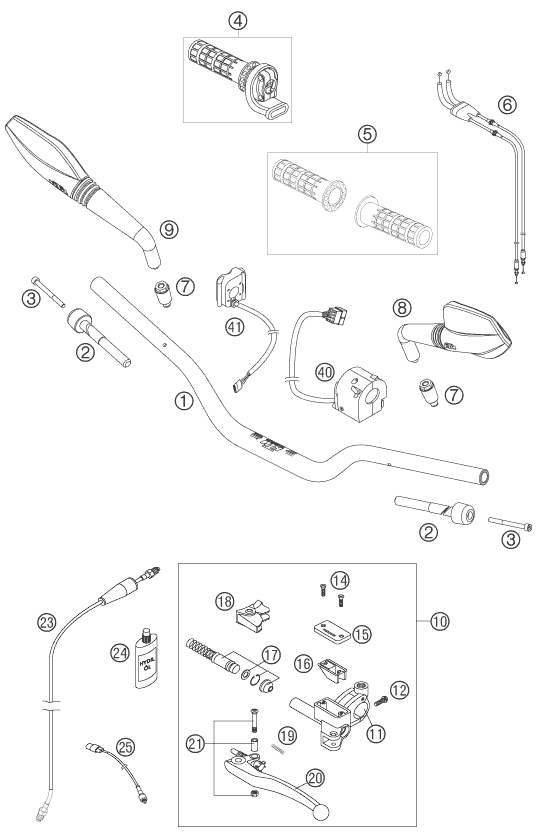 vue éclatée guidon, armatures - ktm 690 supermoto orange eu 2007