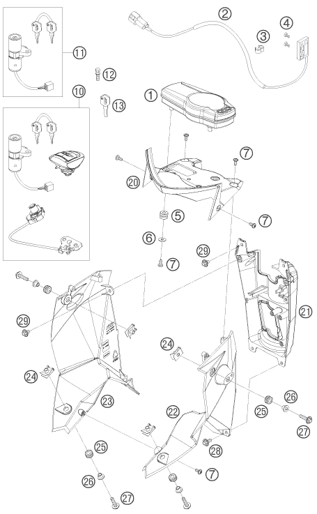 vue éclatée instruments / système de verrouillage - ktm 690 supermoto black eu 2007