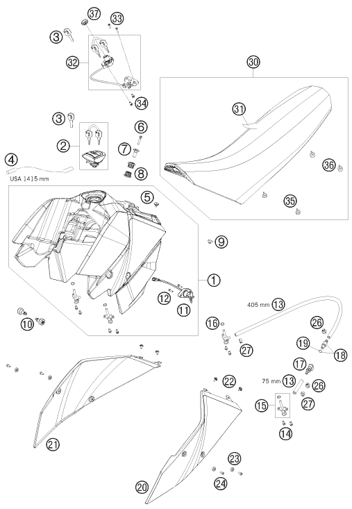 vue éclatée réservoir, selle - ktm 690 supermoto prestige eu 2007