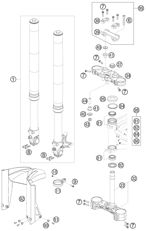 vue éclatée fourche téléscopique, té de fourche - ktm 690 supermoto prestige eu 2007