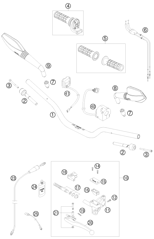 vue éclatée guidon, armatures - ktm 690 supermoto orange eu 2008