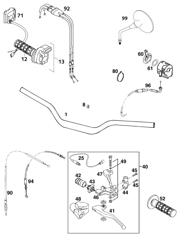 vue éclatée guidon, armatures - ktm 640 adventure-r au 2001