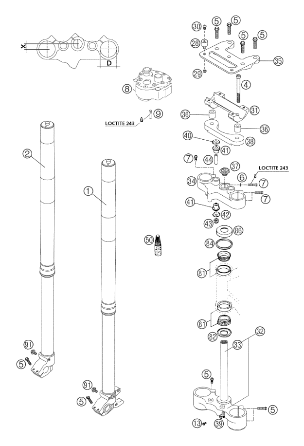 vue éclatée fourche téléscopique, té de fourche - ktm 660 rallye eu 2002