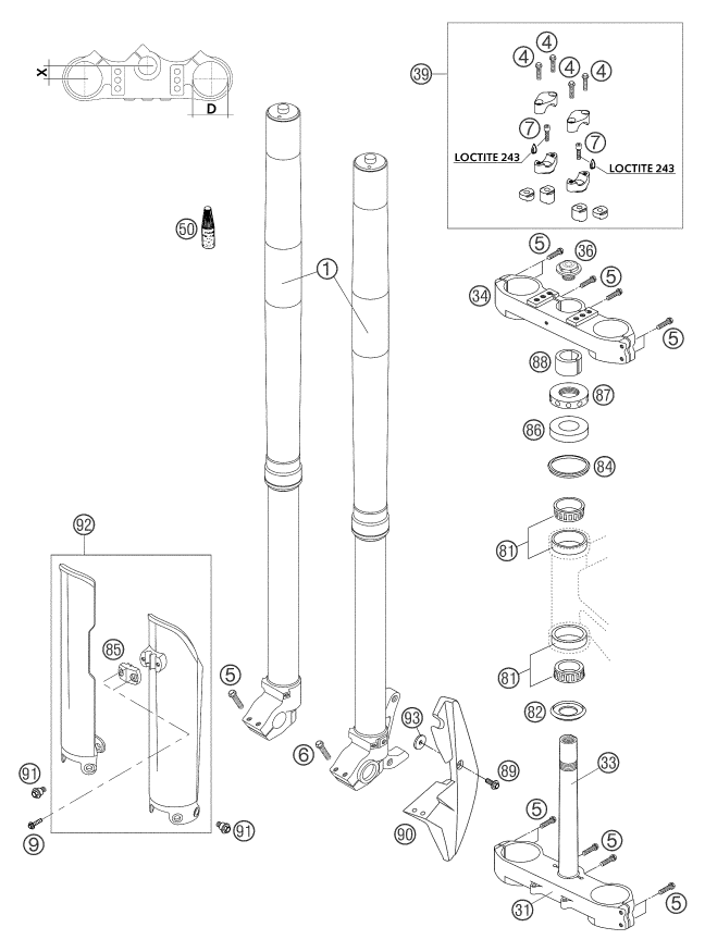 vue éclatée fourche téléscopique, té de fourche - ktm 660 supermoto factory repl. 03 eu 2003