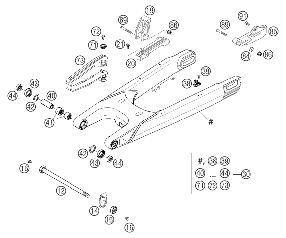vue éclatée bras oscillant - ktm 660 supermoto factory repl. 03 eu 2003