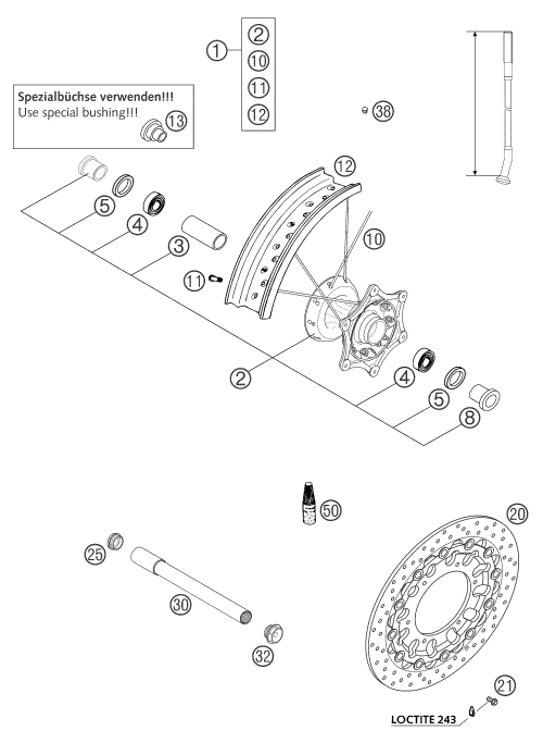 vue éclatée roue avant - ktm 660 supermoto factory repl. 03 eu 2003