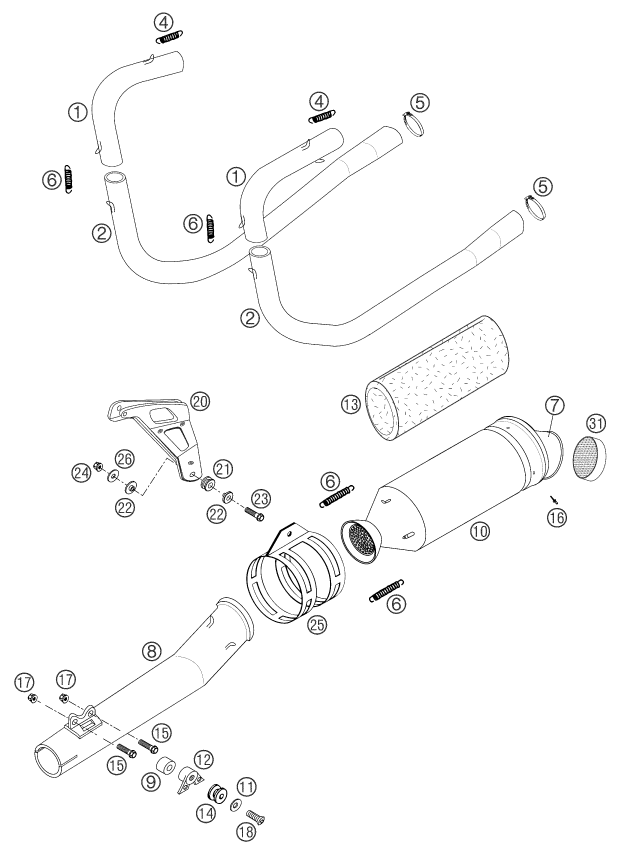 vue éclatée système d'echappement - ktm 660 rallye factory repl. eu 2003