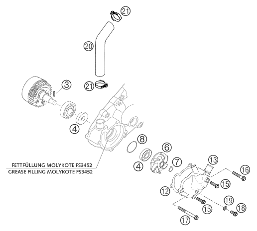 vue éclatée pompe à eau - ktm 660 rallye factory repl. eu 2003
