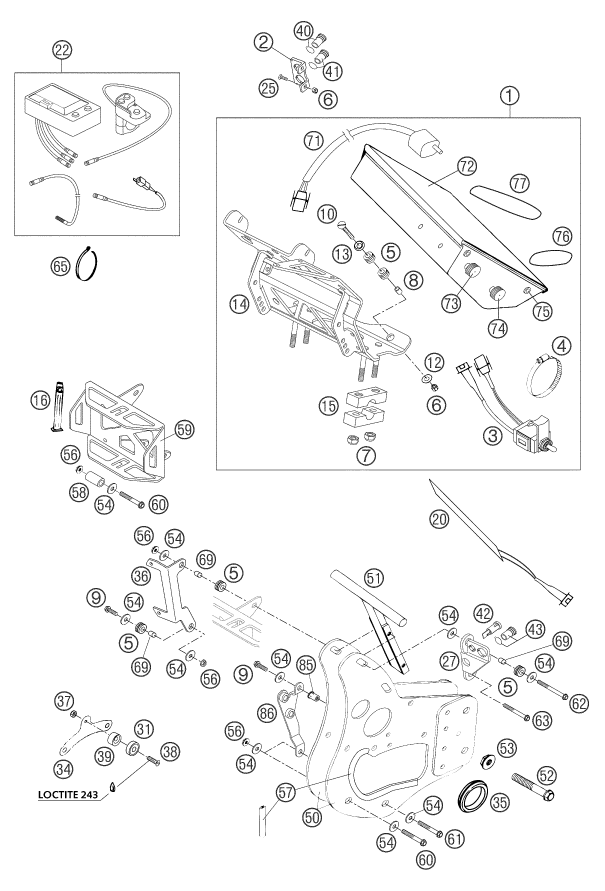 vue éclatée instruments / système de verrouillage - ktm 660 rallye factory repl. eu 2004