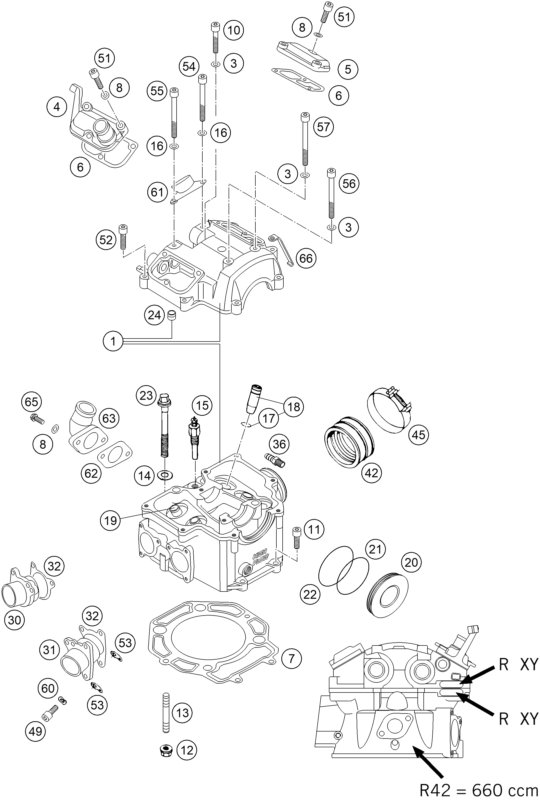 vue éclatée cylindre, culasse - ktm 660 rallye factory repl. eu 2005
