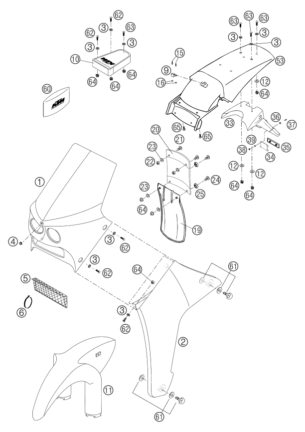 vue éclatée plaque, garde-boue - ktm 660 rallye factory repl. eu 2006