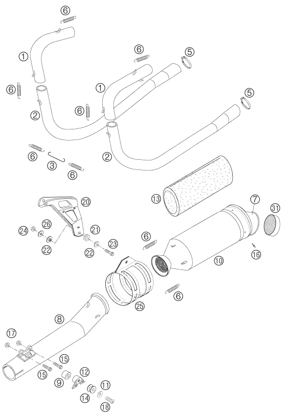 vue éclatée système d'echappement - ktm 660 rallye factory repl. eu 2006