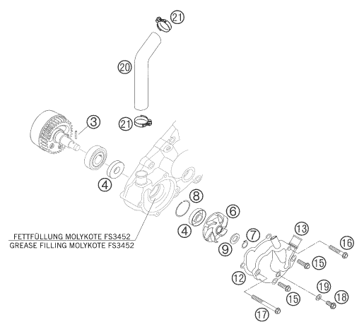 vue éclatée pompe à eau - ktm 660 rallye factory repl. eu 2006