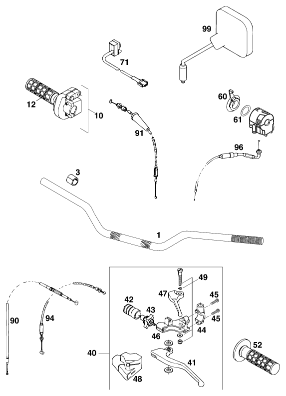 vue éclatée guidon, armatures - ktm 620 egs wp 20kw au 1996
