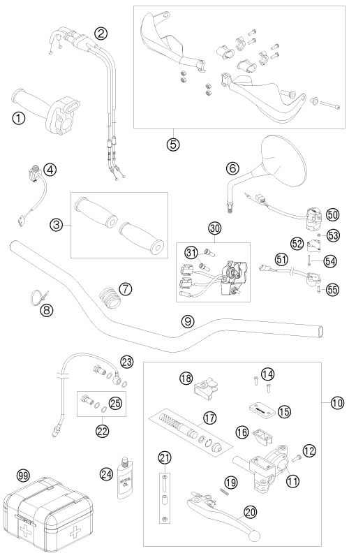 vue éclatée guidon, armatures - ktm 690 rally factory replica eu 2010