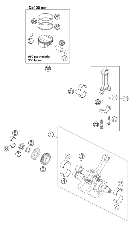 vue éclatée vilebrequin, piston - ktm 950 adventure silver eu 2003