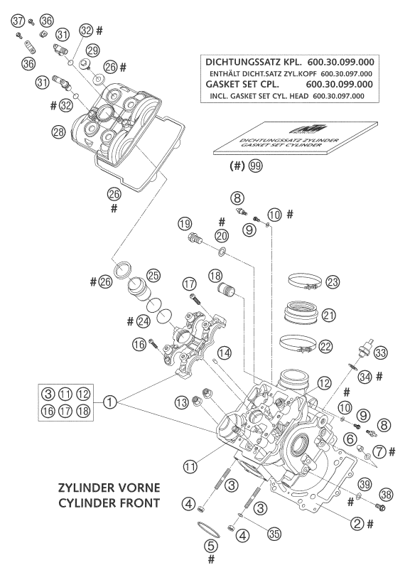 vue éclatée culasse avant - ktm 950 adventure s orange eu 2003