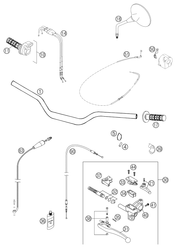 vue éclatée guidon, armatures - ktm 640 lc4 supermoto orange 2005