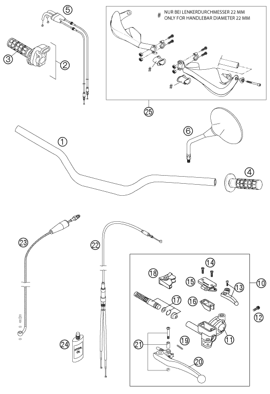 vue éclatée guidon, armatures - ktm 950 adventure orange low eu 2003
