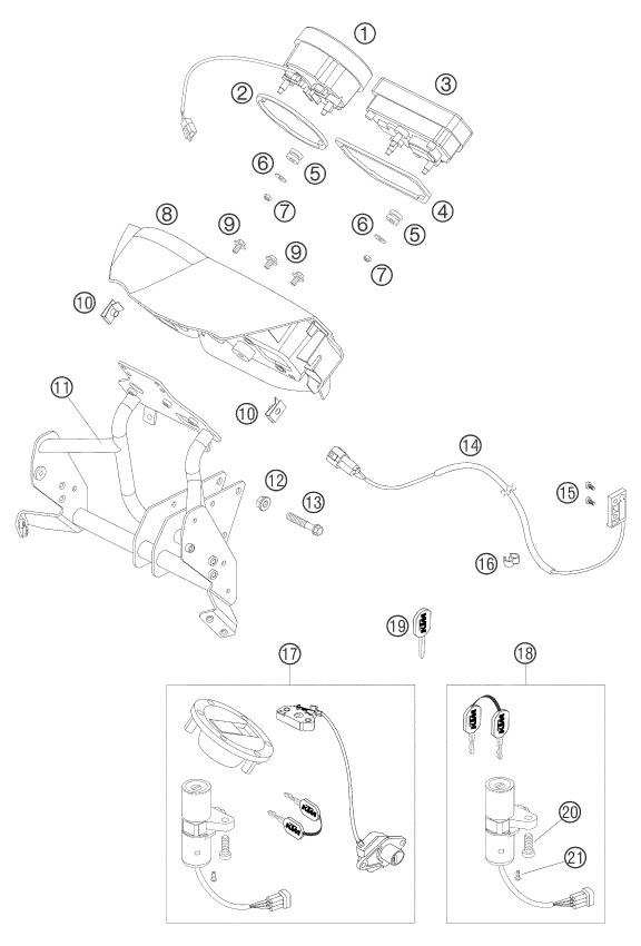 vue éclatée instruments / système de verrouillage - ktm 950 adventure orange low eu 2003